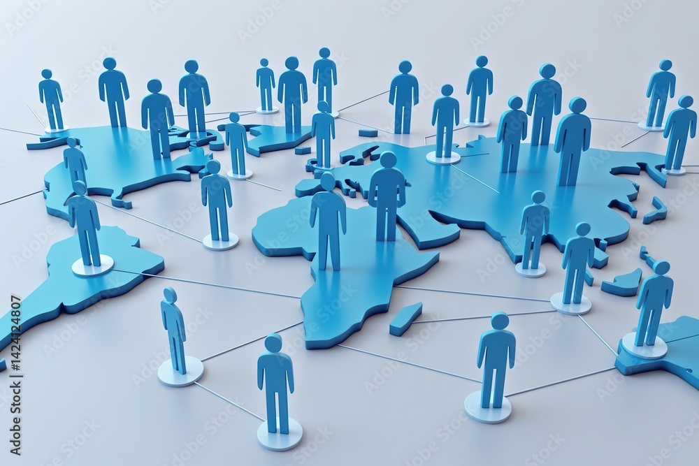 A blue map with abstract figures representing people, interconnected by lines, symbolizing global communication and networking.