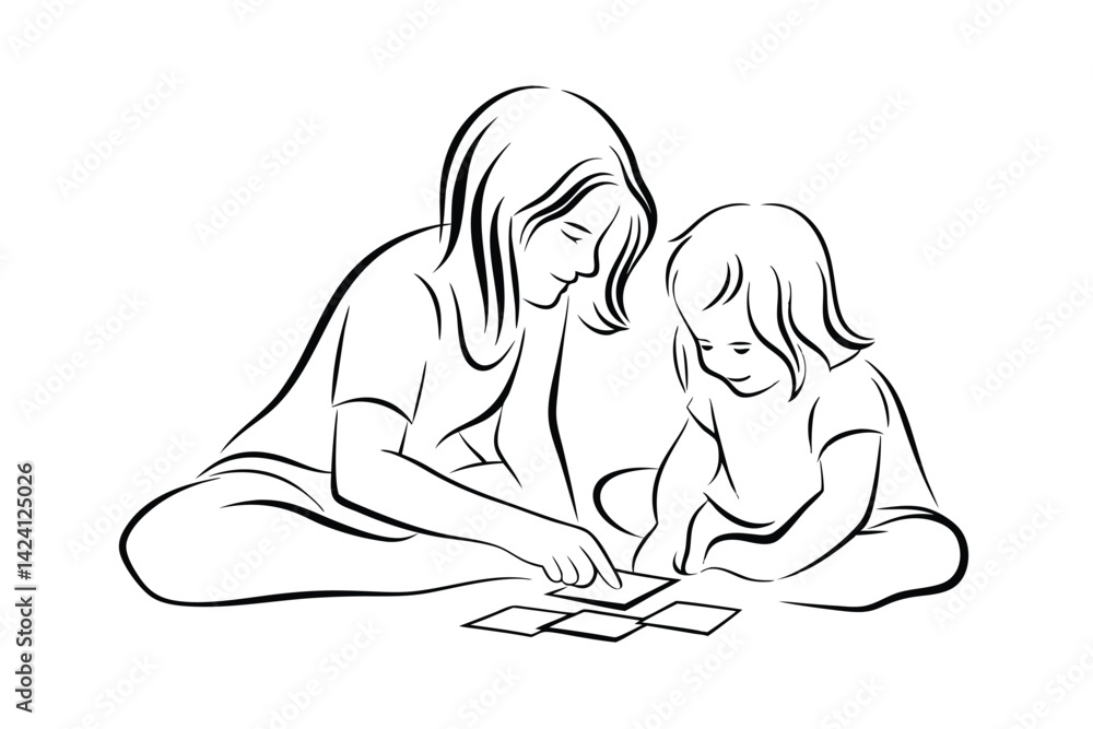 Mother and daughter playing matching game line art illustration on white background Mother and daughter playing matching game line art illustration on white background