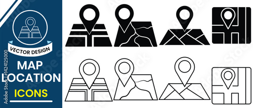 Map Location icon, Map pointer icon set. Distance, destination, directions, place, navigation and address icons, GPS location, Landmark icon, pointer icon, editable stroke. Vector illustration.
