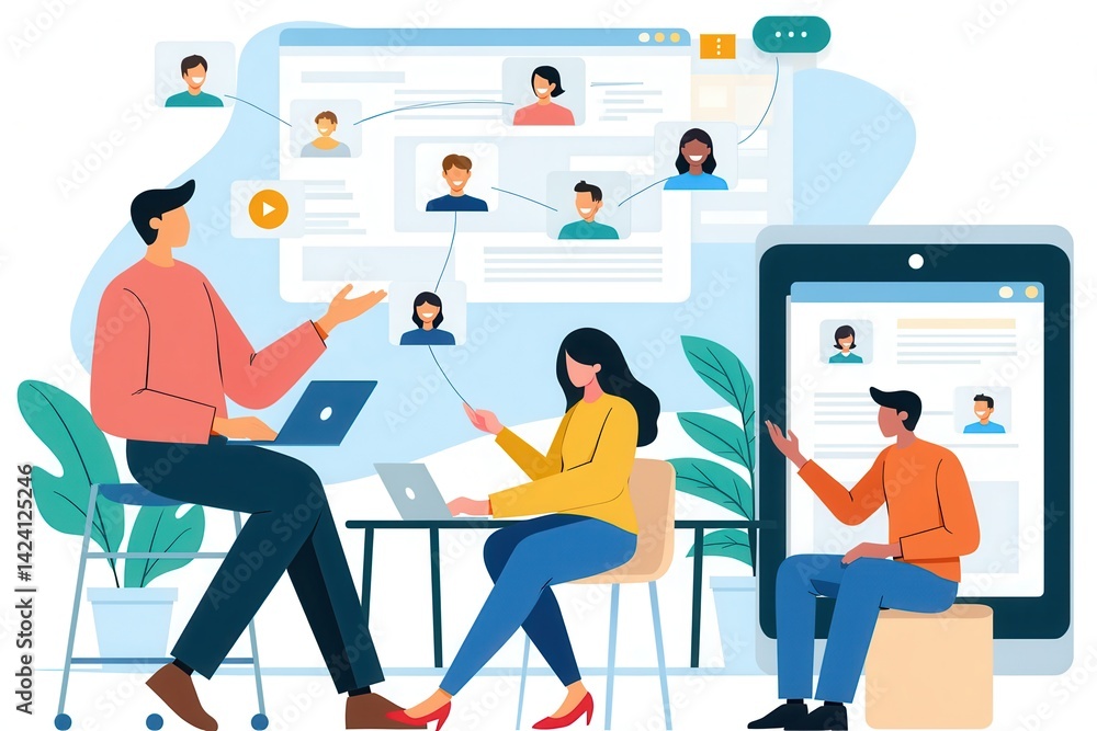A digital illustration showing people collaborating online through laptops and a smartphone, with user profiles and communication elements. A digital illustration showing people collaborating online through laptops and a smartphone, with user profiles and communication elements.