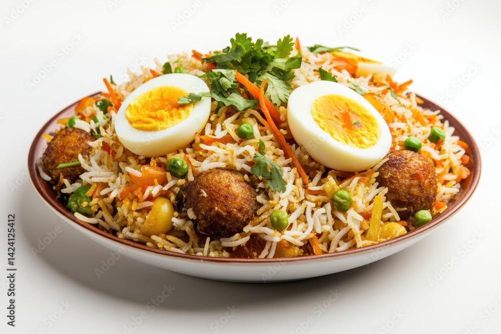 Delicious biryani with eggs and vegetables served on a plate on white background Delicious biryani with eggs and vegetables served on a plate on white background