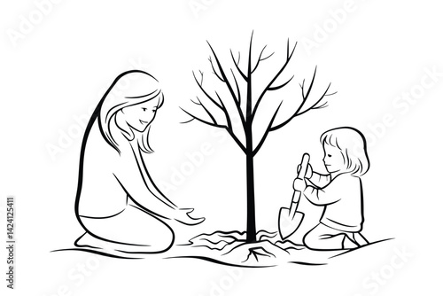 Mother and child planting tree together simple black outline illustration vector