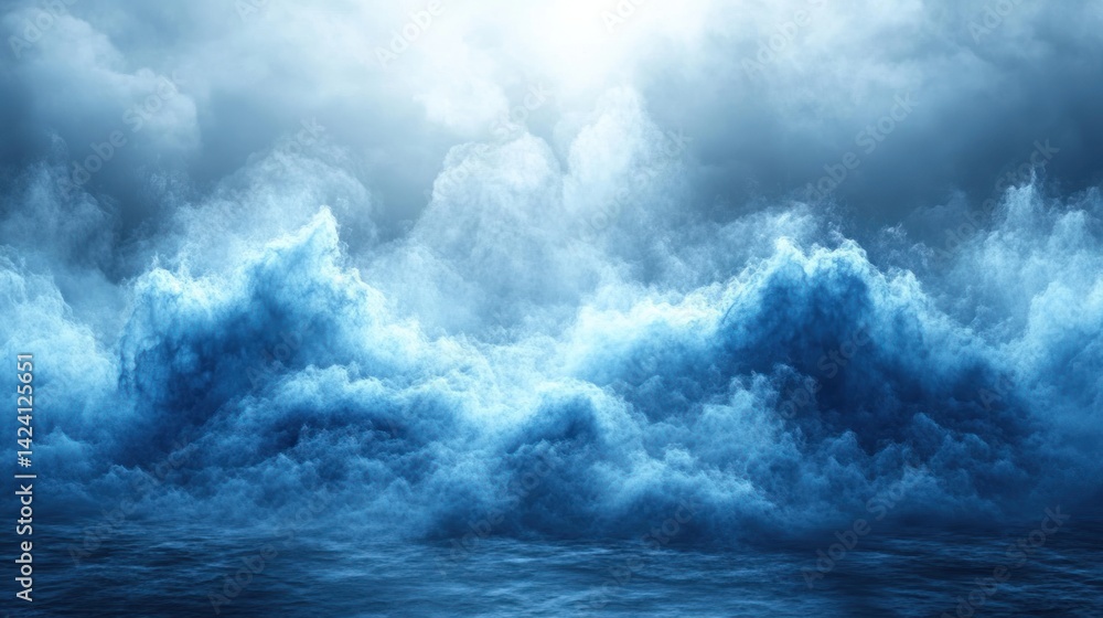 Fototapeta premium Clouds swirl in shades of blue as powerful waves crash softly against the shore