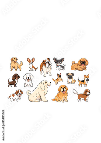 group of animals Cute dogs doodle vector set. Cartoon dog or puppy  design collection with flat color in different poses.