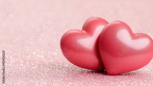 Two glossy red hearts sit on a sparkling pink background, symbolizing love.