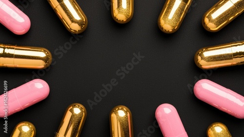 A black background with gold and pink pills arranged in a circle.