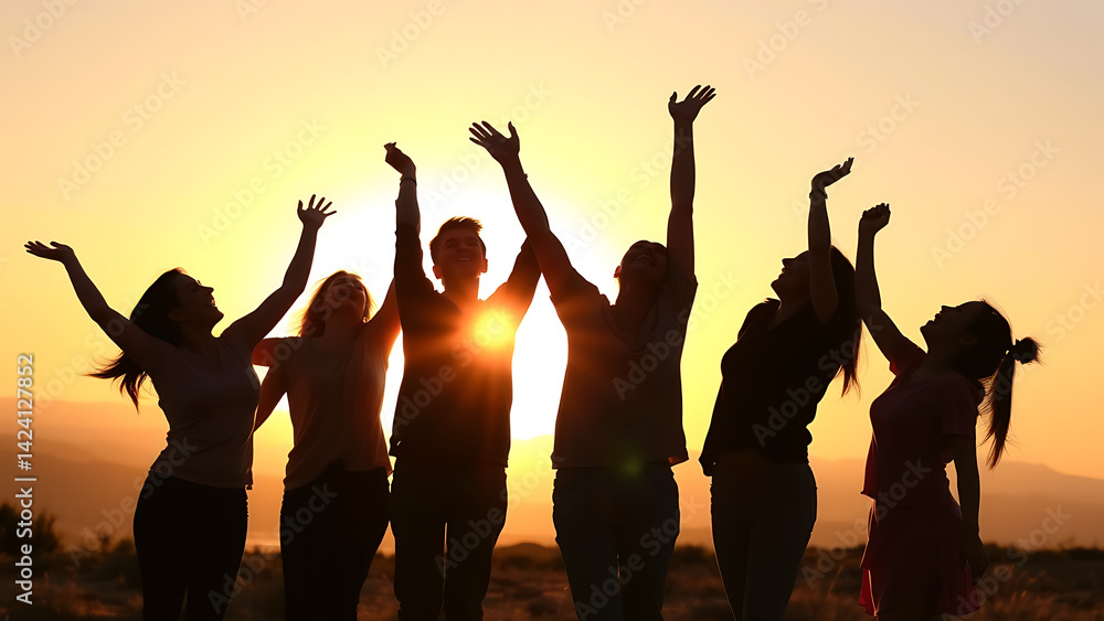 Fototapeta premium A Silhouette of People Laughing Under a Golden Sunset, Symbolizing Unity, Joy, and Connection Through Laughter