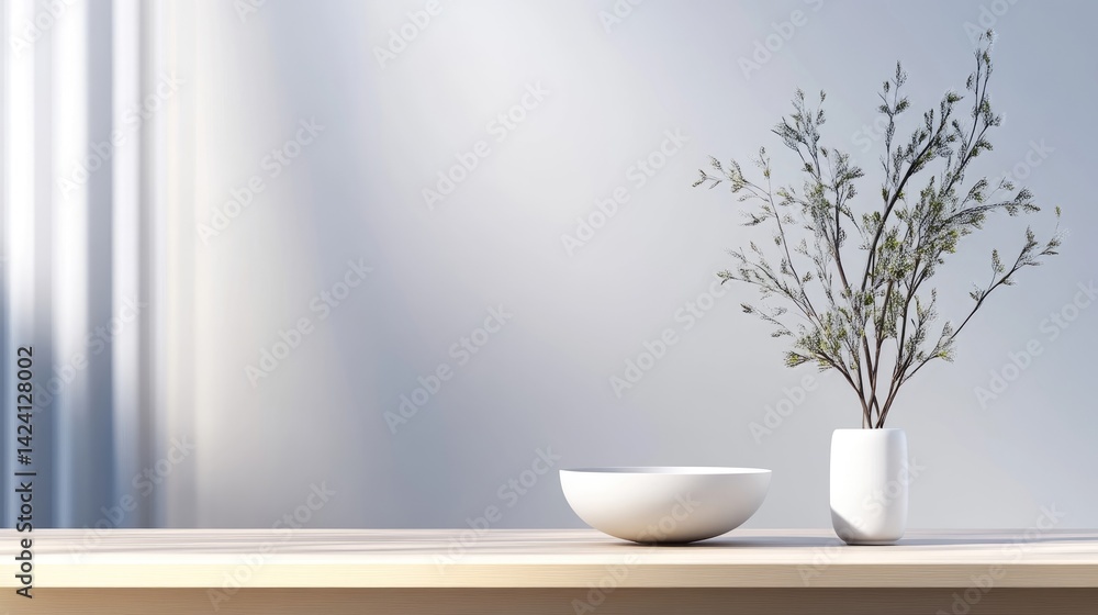 Minimalist, light-filled, modern interior display with a vase and bowl Minimalist, light-filled, modern interior display with a vase and bowl