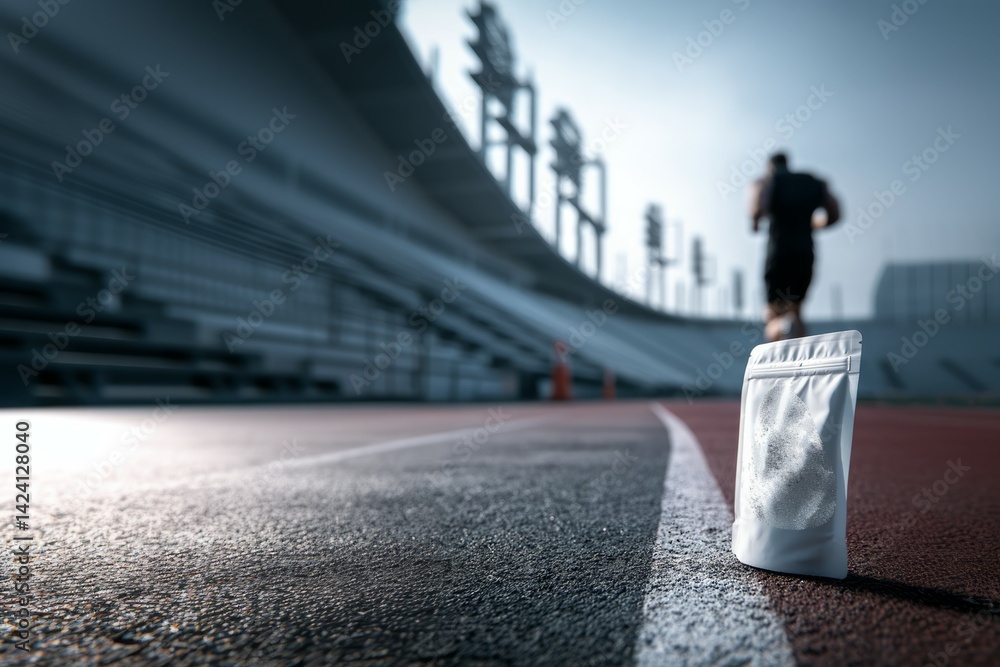 Obraz premium blurred background of a runner running on an athletics track, focused area for sports and athlete products, suitable for healthy snacks, energy drinks, deodorant, sports shoes, sweatbands and similar