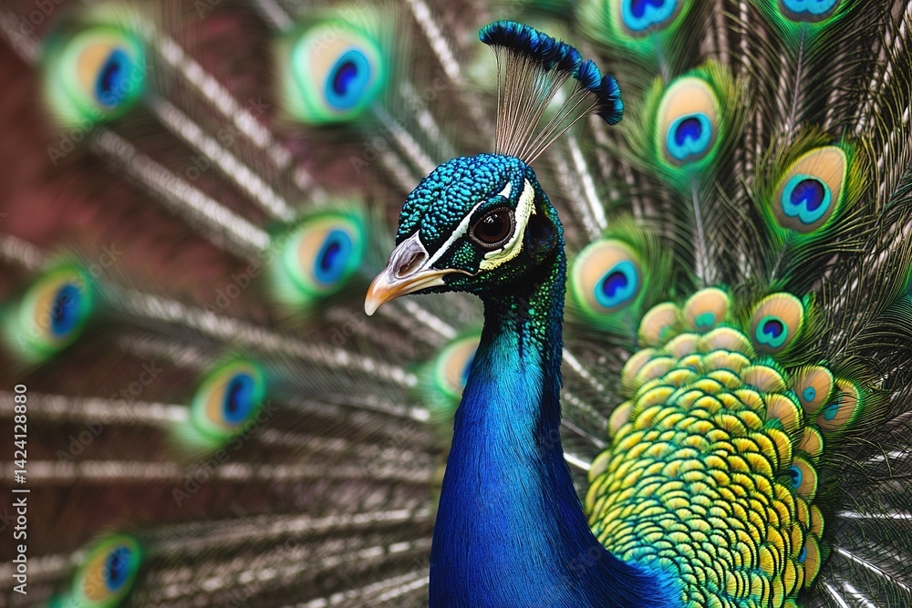 Obraz premium A regal peacock with its vibrant feathers fanned out, showcasing a beautiful display