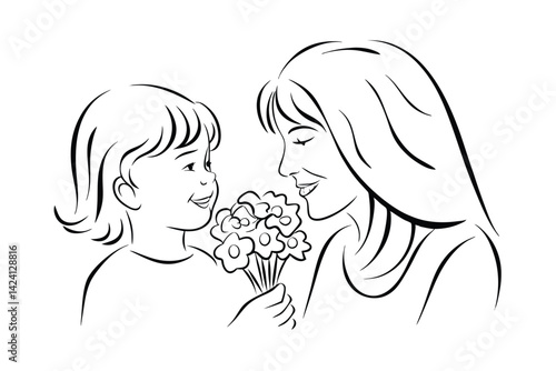 Mother receiving flowers from child in black and white outline style image