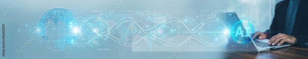 Naklejka premium businessman uses AI technology and his computer to analyze shipment trends and enhance export efficiency for global customers.