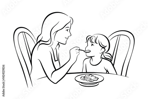 Mother feeding child meal vector illustration minimalist style motherhood and childhood concept