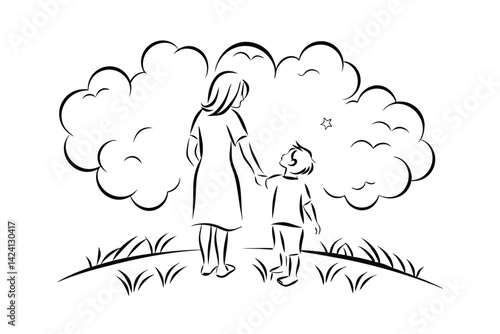 Mother and son gazing at the star black and white line art