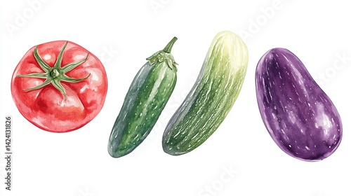 Wallpaper Mural Vibrant Watercolor Vegetables Red Tomato Green Zucchini Cucumber Purple Eggplant Fresh Farm Produce Healthy Eating Organic Food Illustration Botanical Painting Summer Harvest Kitchen Ingredients       Torontodigital.ca