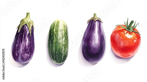 Wallpaper Mural Vibrant Watercolor Vegetables Eggplant Zucchini Tomato Still Life Painting Fresh Farm Produce Organic Food Illustration Healthy Eating Diet Recipe Culinary Art Kitchen Garden Produce Market red green  Torontodigital.ca