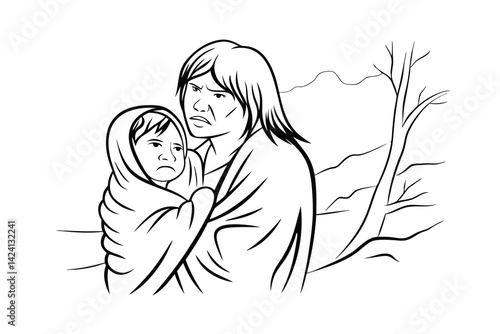 Native american mother holding child in blanket black and white graphic illustration