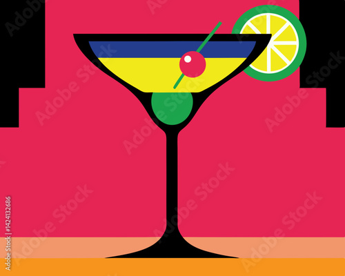 Colorful cocktail glass with lime and cherry on a vibrant background  