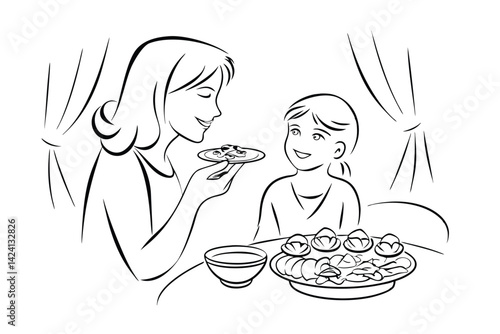 Mother serving vietnamese food to her child in line art illustration