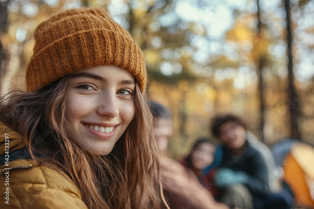 Girl enjoying autumn camping trip in forest, wearing warm jacket and smiling outdoors, generative ai Girl enjoying autumn camping trip in forest, wearing warm jacket and smiling outdoors, generative ai