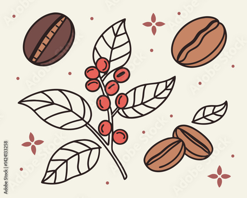 Coffee beans and leaves illustrated in a playful style  