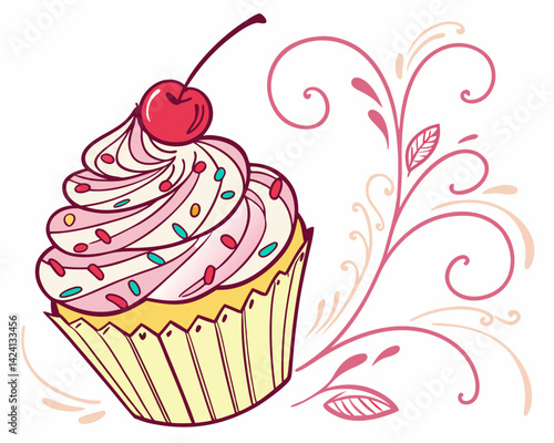 Colorful cupcake with cherry and sprinkles against whimsical background  