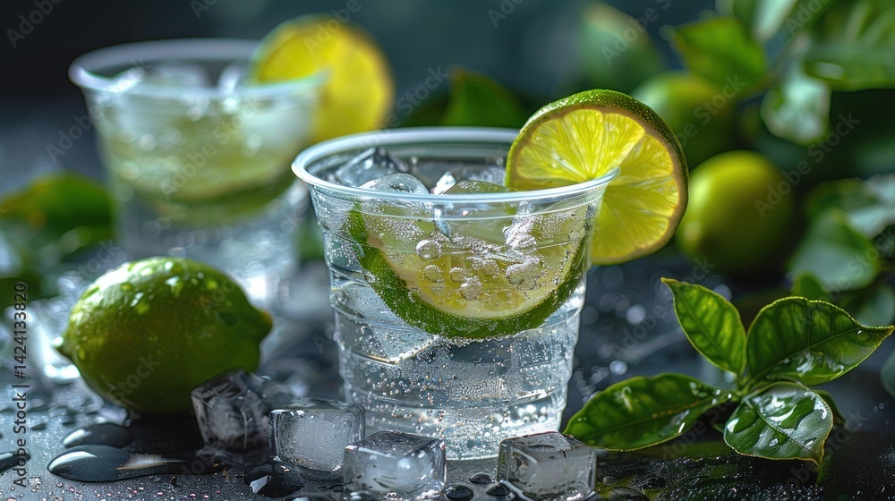 Chilled drinks with lime and mint sit on a shiny surface near fresh limes Chilled drinks with lime and mint sit on a shiny surface near fresh limes