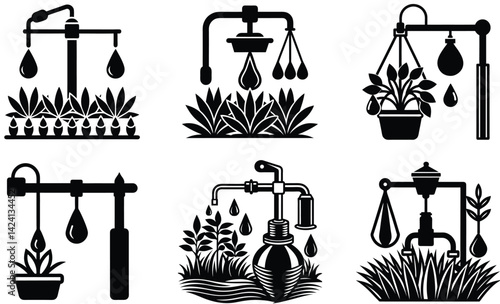 Drip irrigation system farming tool silhouette black vector art set design