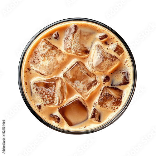 Aerial view of iced coffee with ice cubes in a glass on black background