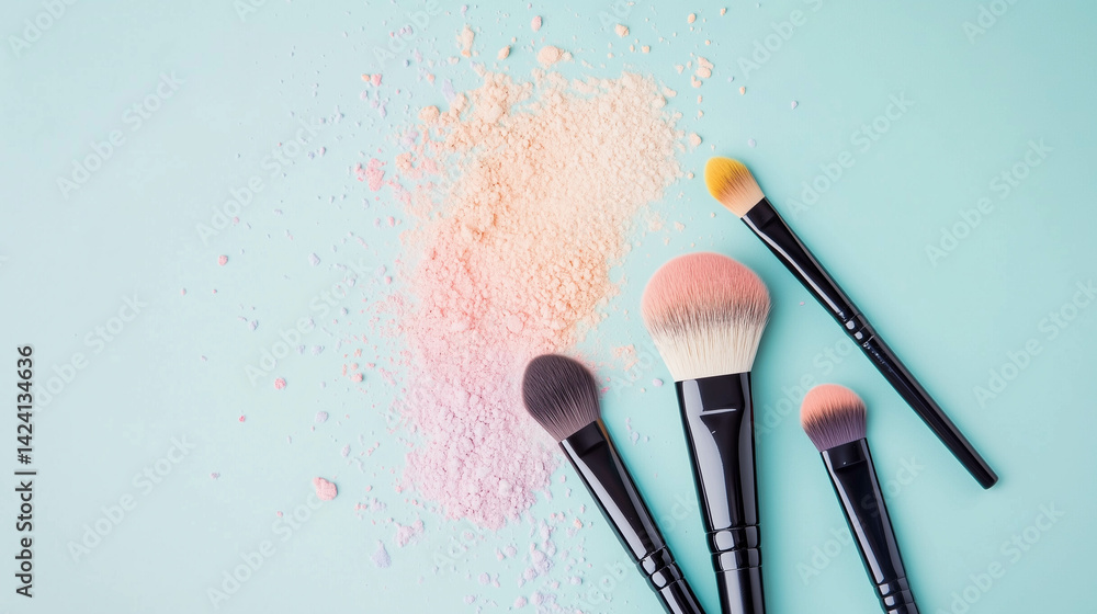 Cosmetic brushes with a burst of vibrant powders on a blue background.