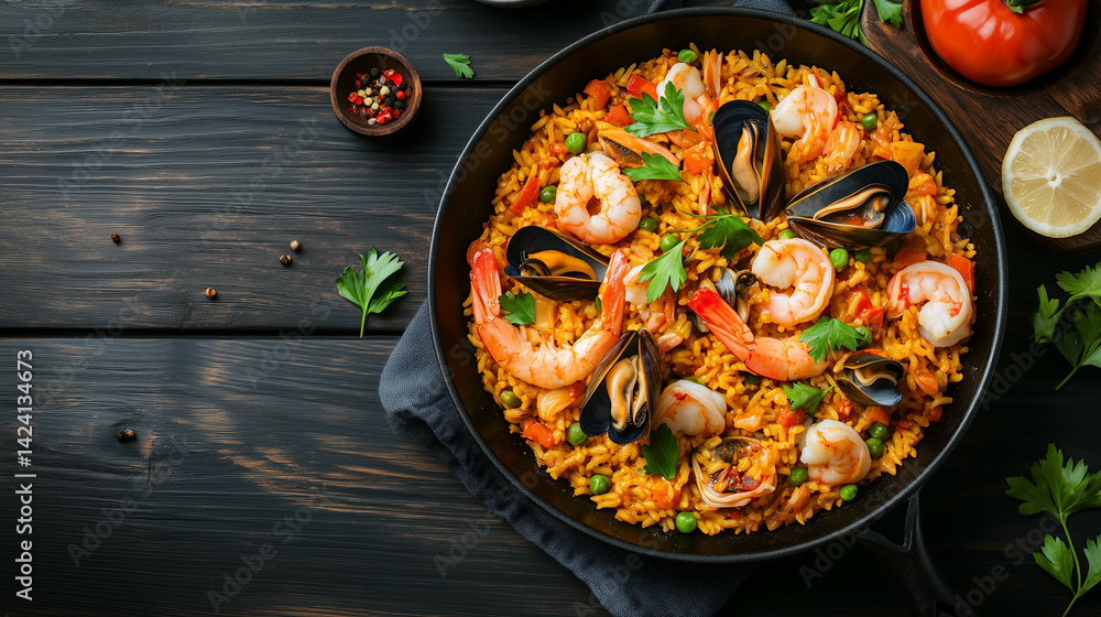 Top-down view of seafood paella in a cast-iron skillet, filled with shrimp, mussels, and clams. Top-down view of seafood paella in a cast-iron skillet, filled with shrimp, mussels, and clams.