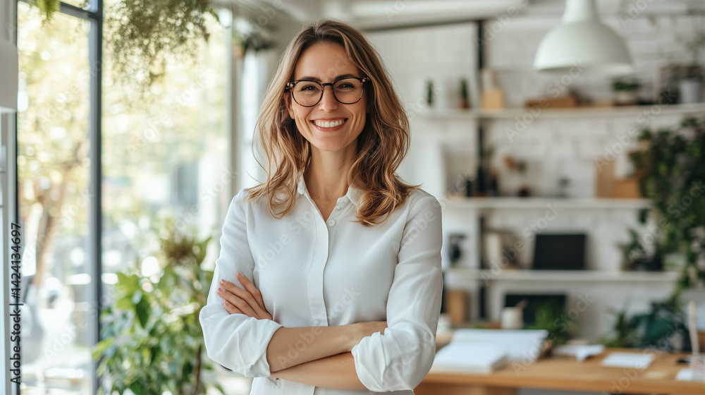 A successful businesswoman standing in a creative office and looking at the camera while smiling.