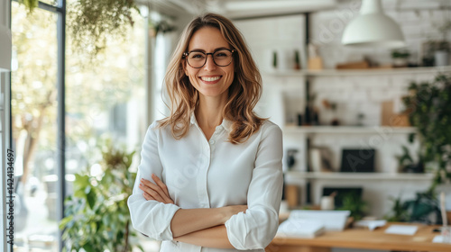 Obraz na płótnie A successful businesswoman standing in a creative office and looking at the camera while smiling. w salonie