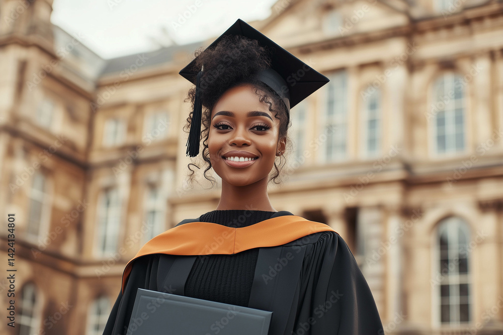 Close-up shot of a Black woman standing solo in front of a historic university building..