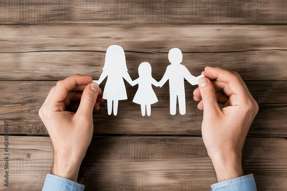 Close-up of hands holding paper family cutout, family home, adoption foster care.
