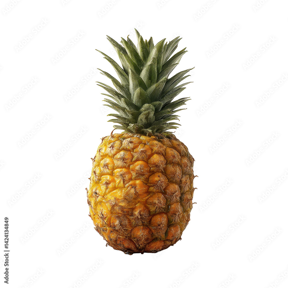 A fresh pineapple with a textured skin and vibrant green leaves on top, showcasing its tropical appeal. A fresh pineapple with a textured skin and vibrant green leaves on top, showcasing its tropical appeal.