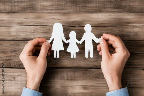 Obraz na płótnie Close-up of hands holding paper family cutout, family home, adoption foster care. w salonie