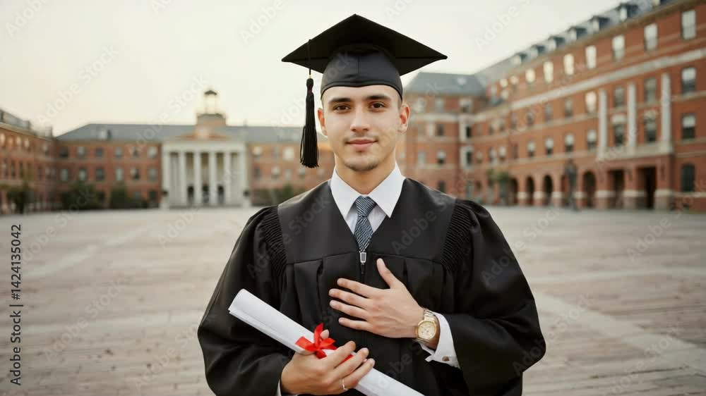 Graduate proudly wearing academic regalia, holds degree on campus