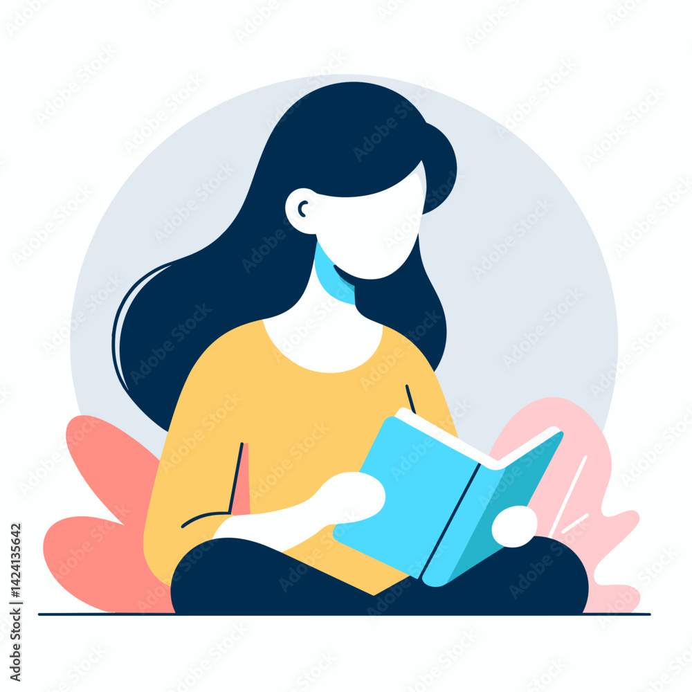 Fototapeta premium Girl Reading a Book with Calm Emotion Against a Soft Background 