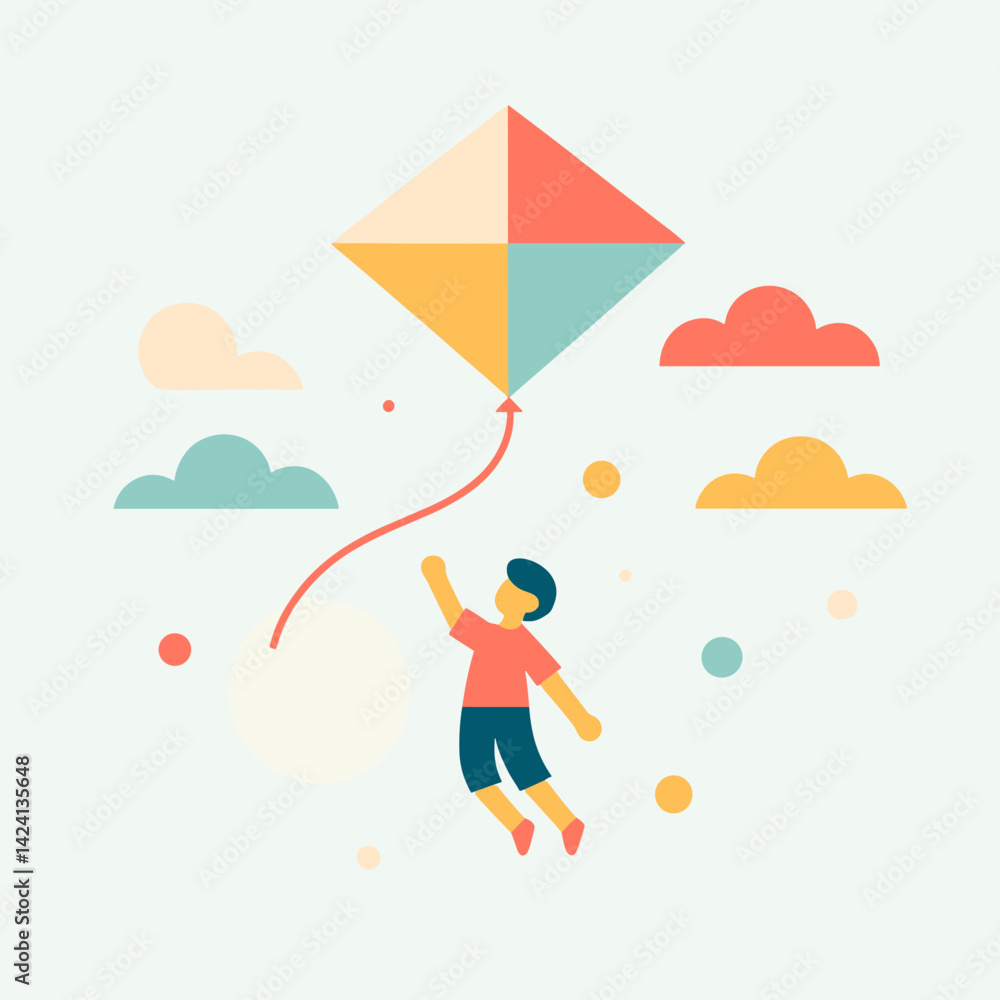 Fototapeta premium Boy flying a kite joyfully against a colorful sky