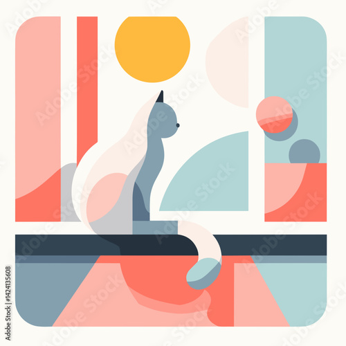Cat on a Windowsill in Abstract Style with Bold Colors  
