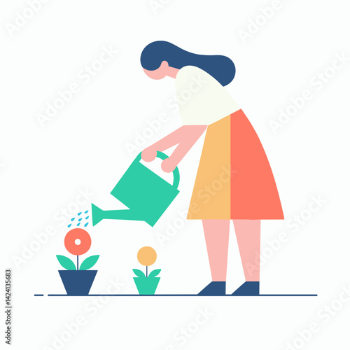 Woman watering flowers, a gardener nurturing plants in a bright garden  