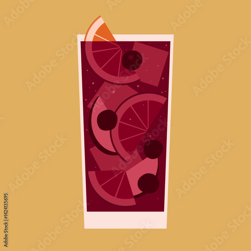 Sangria cocktail. Vector illustration of Spanish fruit punch with wine, citrus, apples and berries in highball glass.