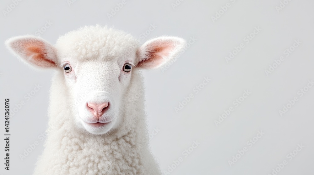Fototapeta premium Close-up portrait of a fluffy white sheep, looking directly at the camera against a plain background.