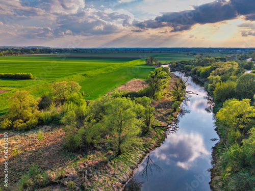 Aerial landscape of the green fields in northern Poland at spring time