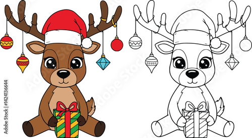 Colorful and black and white outline illustrations of a festive reindeer wearing a Santa hat and holding gifts, blending holiday charm and whimsy
