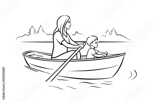 Mother and son rowboat outing at the lake black and white illustration