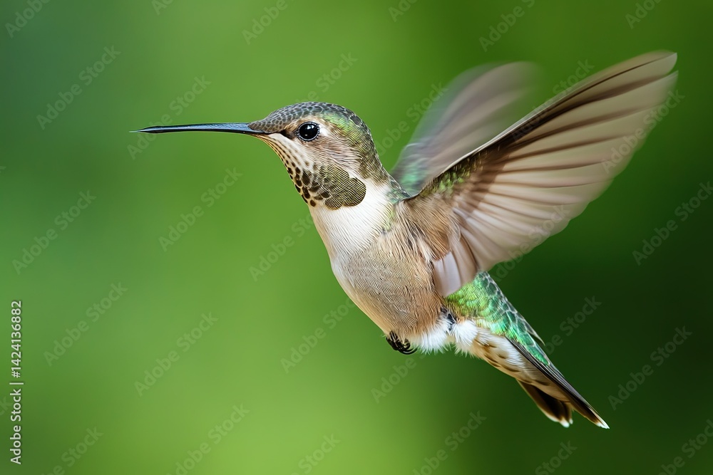 Fototapeta premium A small but fierce hummingbird hovering in mid-air, its wings blurred from the motion