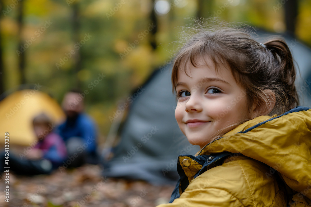 Happy kid girl in an autumn forest enjoying a weekend camping trip with family among colorful fall leaves, generative ai Happy kid girl in an autumn forest enjoying a weekend camping trip with family among colorful fall leaves, generative ai