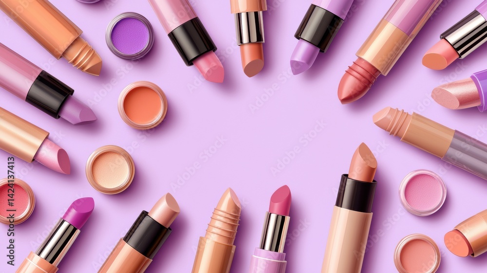 Obraz premium A collection of lipsticks and eyeshadows arranged in a circular pattern against a light purple background.